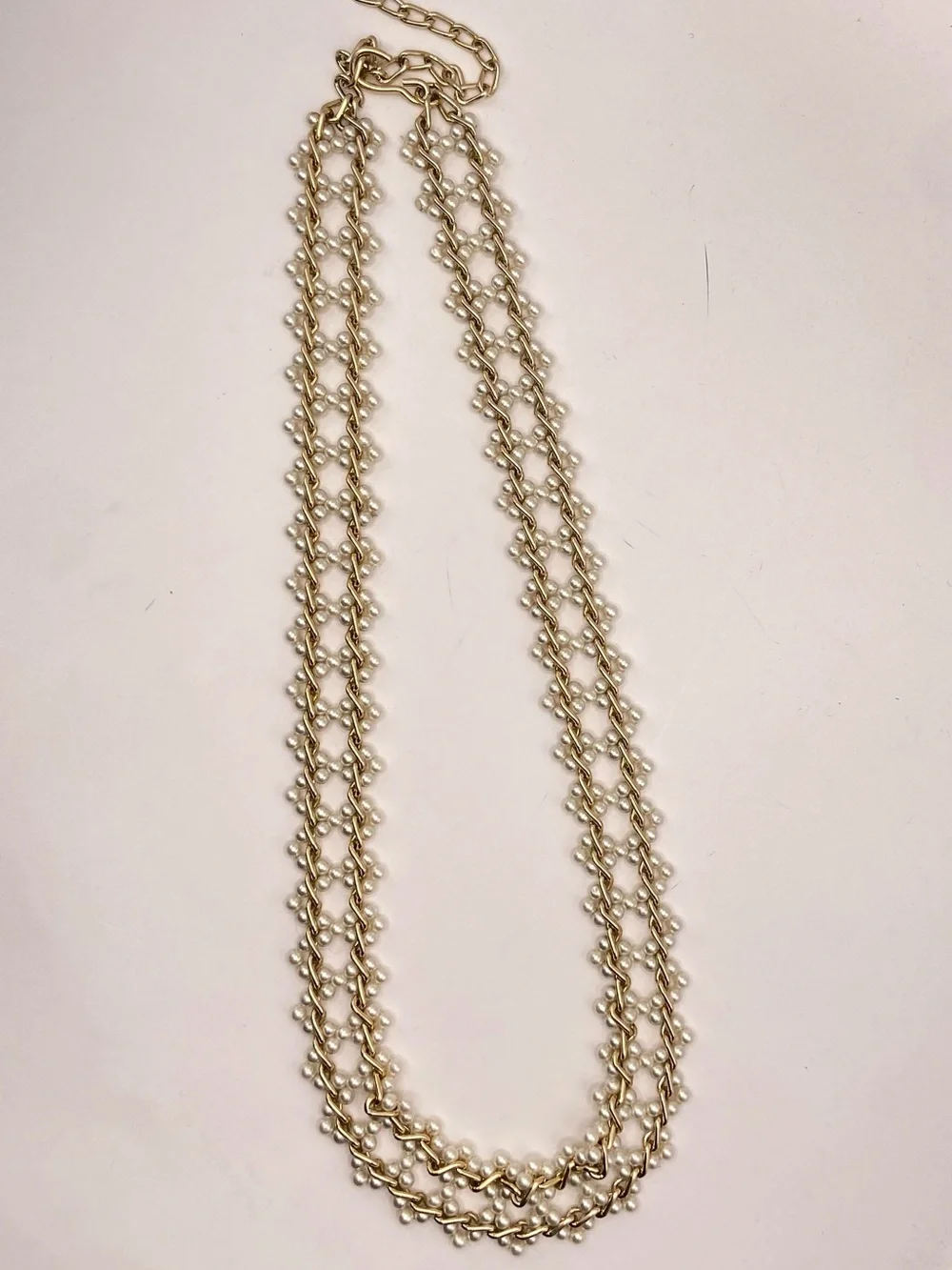 Vintage 1980s Gold Tone Faux Pearl Chain Belt Wide Adjustable Statement Belt